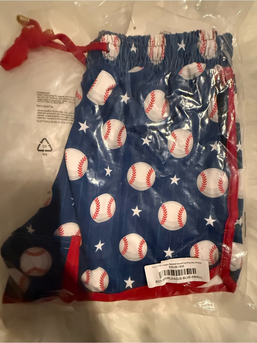 Women's Blue Baseball-Print Athletic Shorts with Red Trim